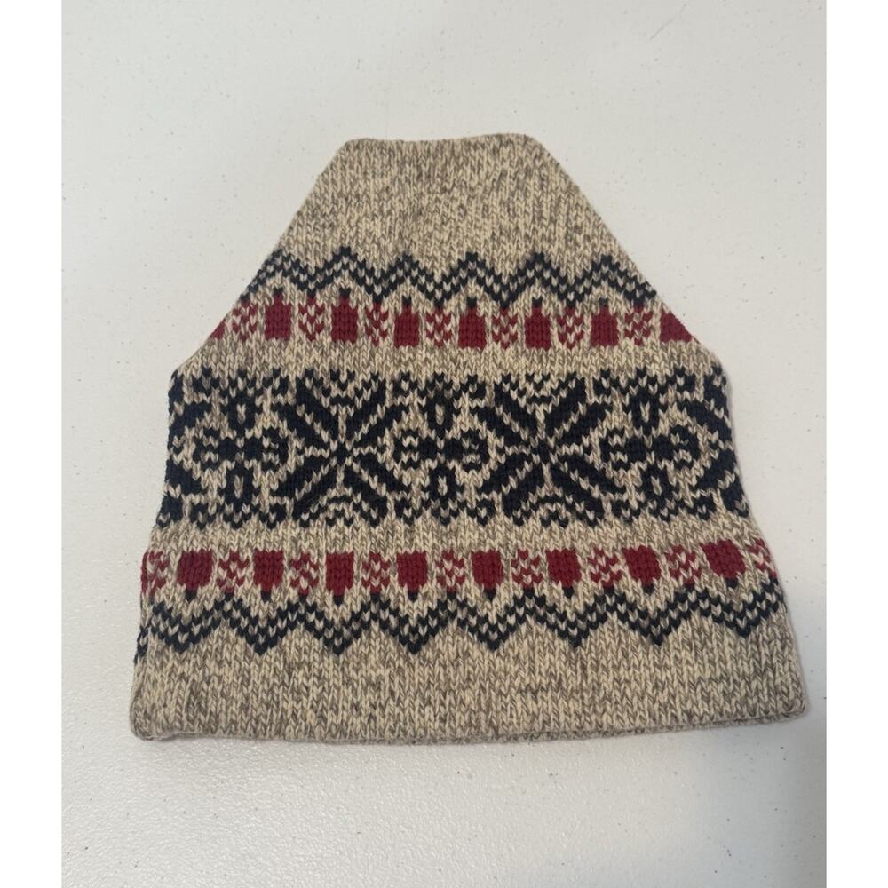 Vintage LL Bean Fair Isle Knit Beanie Wool USA Navy Red Oatmeal Apres Ski Winter - Picture 2 of 7